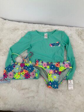 Cat & Jack Girls size XS 4-5 - 3 pc Floral Swimsuit with Rashguard